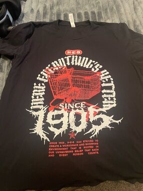 HEB authentic Men's Black Short Sleeve Graphic Metal Tee - Red & White Print